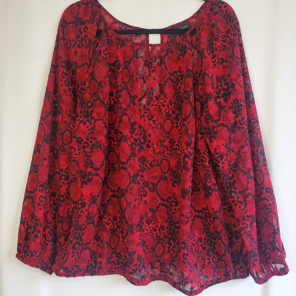 Lane Bryant Tops - Lane Bryant Size 18 Red&Blk animal print shear cut-out L/Sl tunic blouse